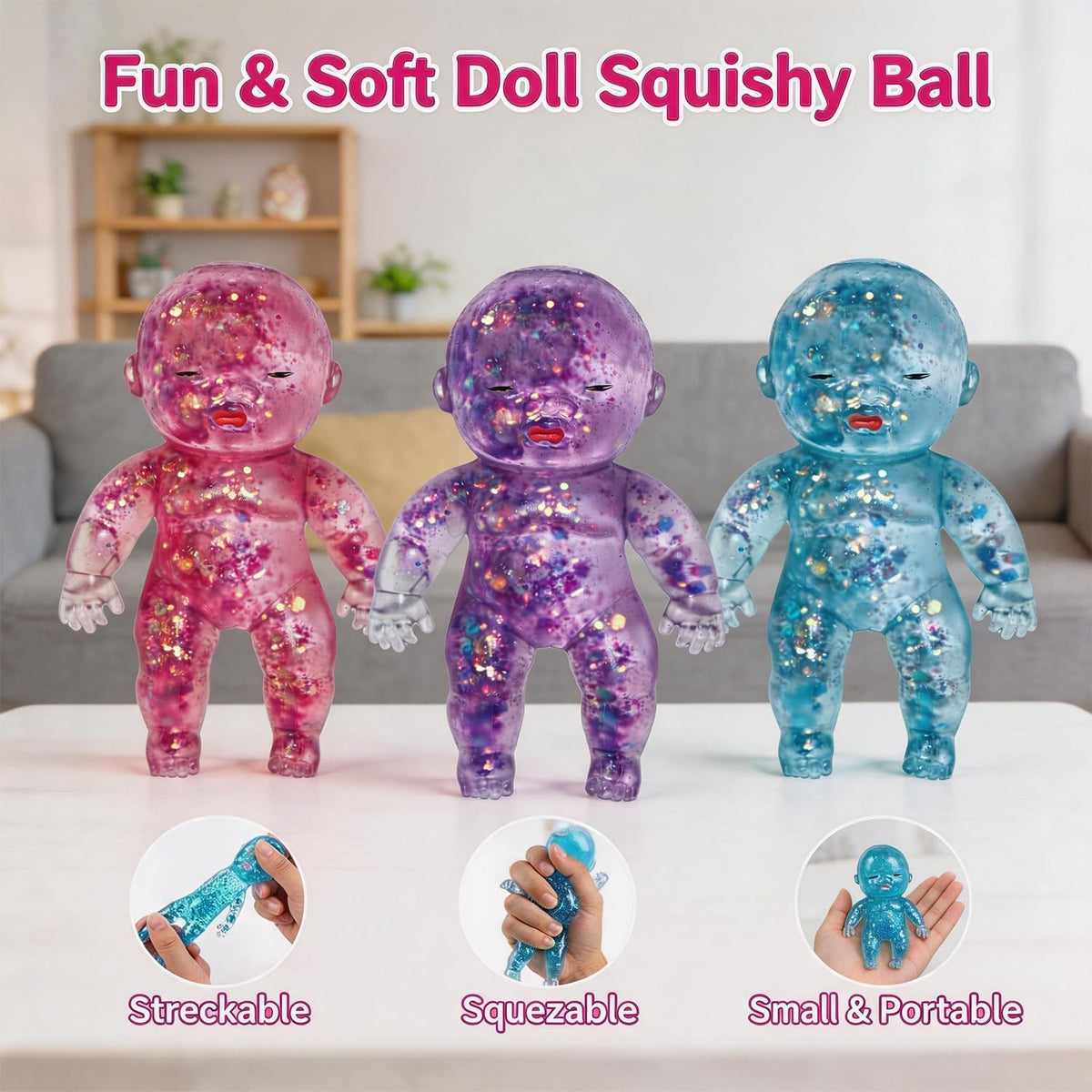 Glitter Doll Squishies Stress Ball, Squishy Babies Sensory Fidget for Stress Relief, Soft Cute Squeeze, Portable Desk Decor & Relaxing Gift for Adults (3-Color Mixing)