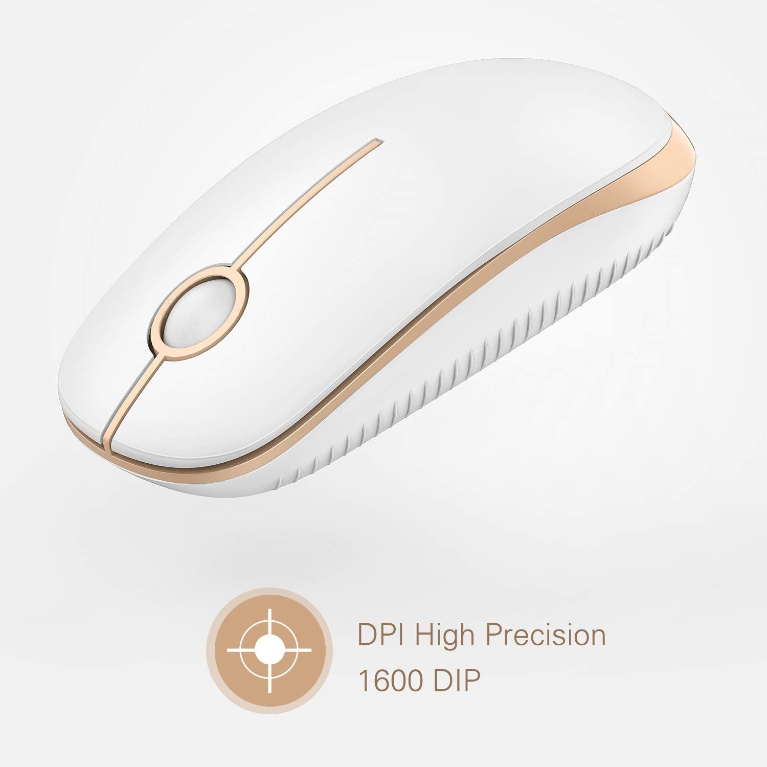 Wireless Mouse, 2.4G Slim Portable Computer Laptop Mouse with Nano Receiver Quiet Silent Optical Mice for Notebook, PC, Laptop, Computer-White and Gold
