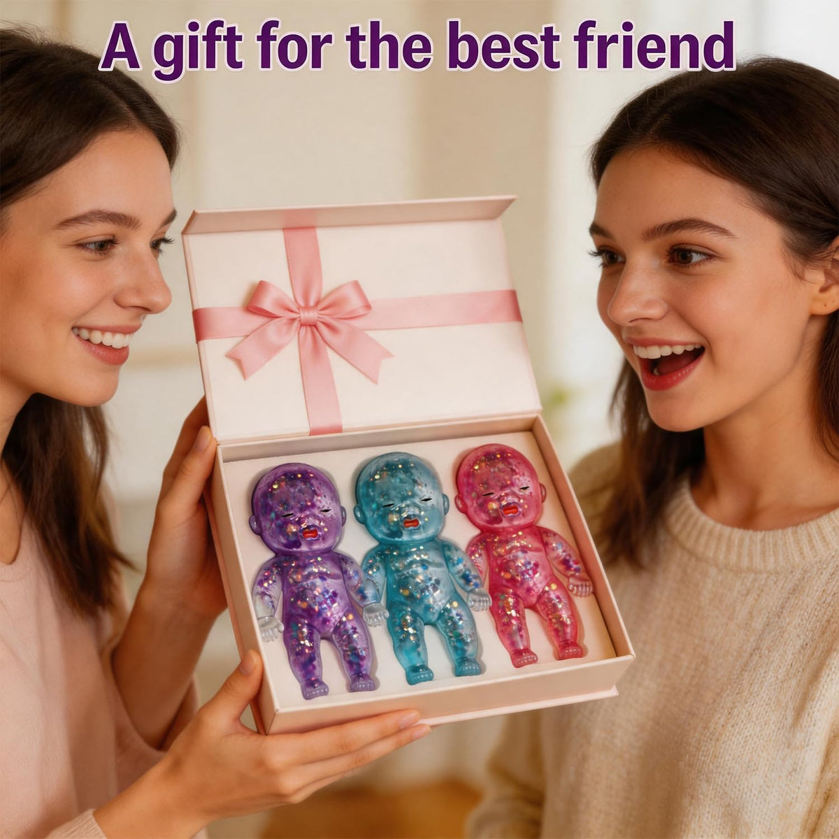 Glitter Doll Squishies Stress Ball, Squishy Babies Sensory Fidget for Stress Relief, Soft Cute Squeeze, Portable Desk Decor & Relaxing Gift for Adults (3-Color Mixing)