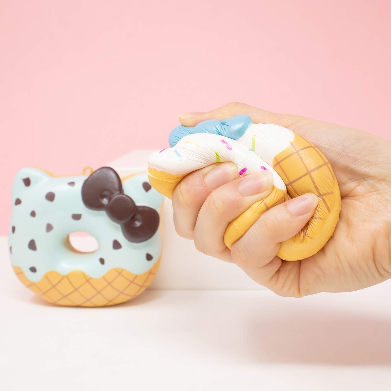 Sanrio Hello Kitty Ice Cream Donut Slow Rising Squishy Toy Keychain (Mint Chocolate) for Party Favors, Stress Balls, Birthday Gift Boxes, Kawaii Squishies for Kids, Girls, Boys, Adults