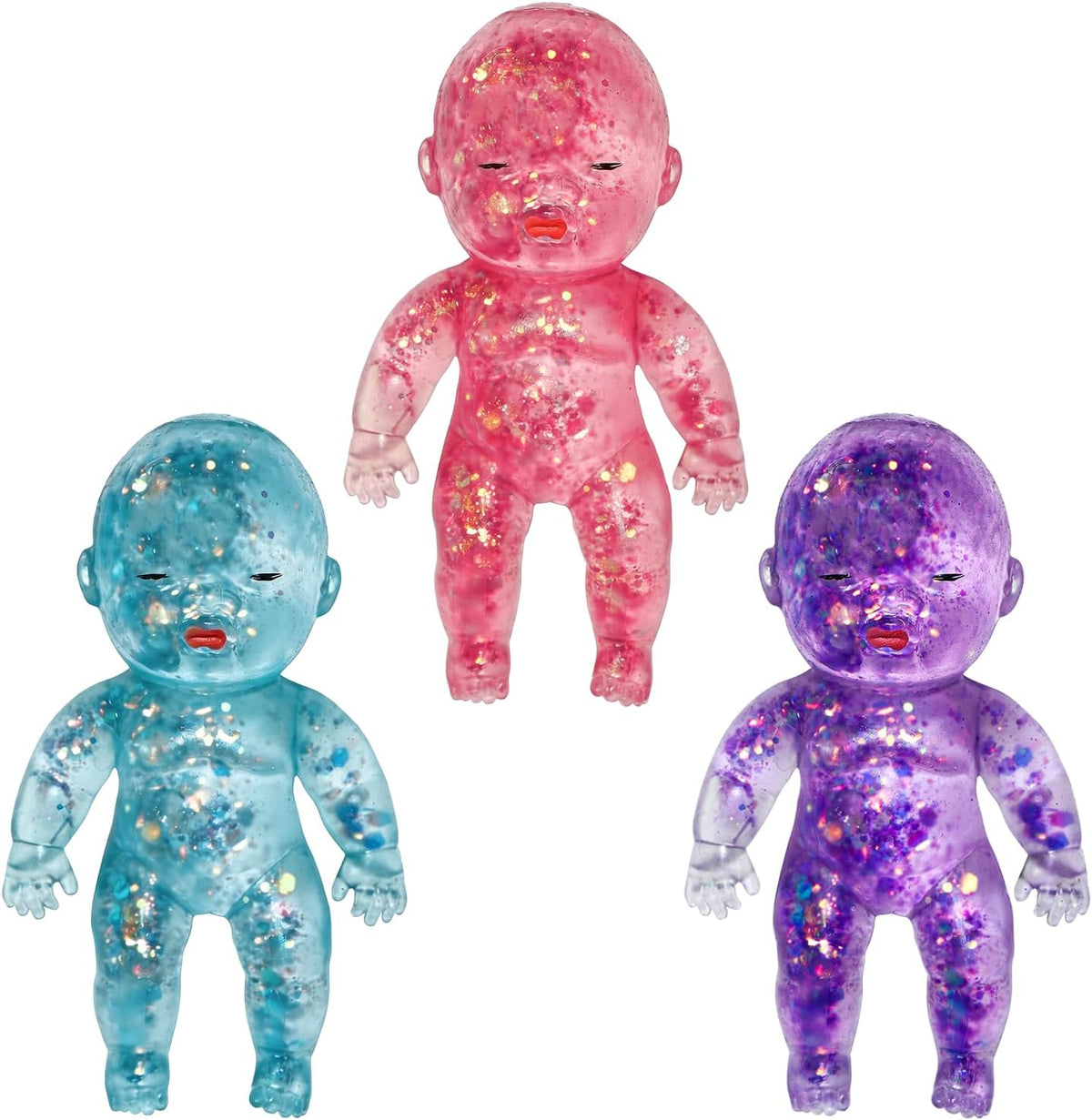 Glitter Doll Squishies Stress Ball, Squishy Babies Sensory Fidget for Stress Relief, Soft Cute Squeeze, Portable Desk Decor & Relaxing Gift for Adults (3-Color Mixing)