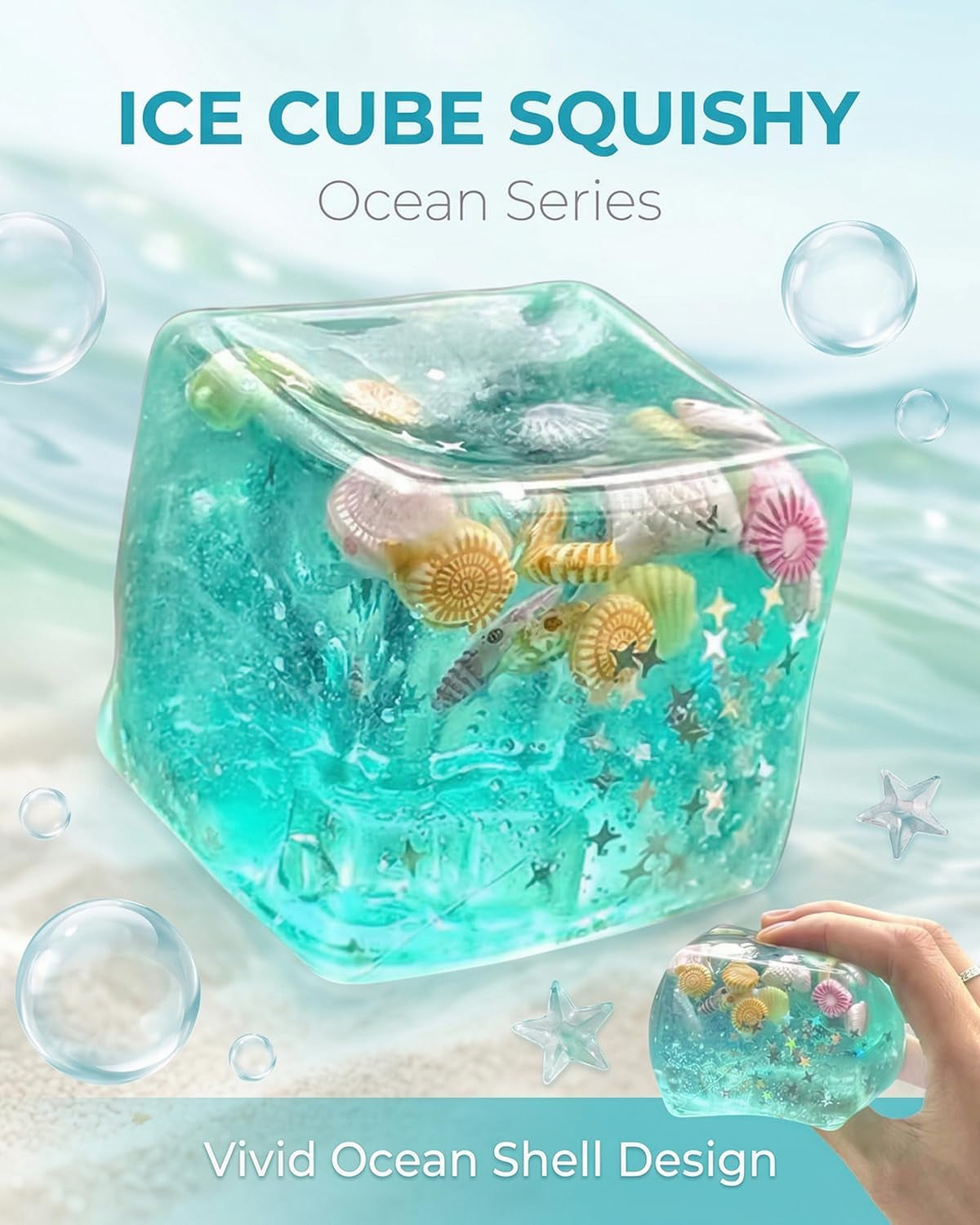 Ice Cube Squishy, Ice Cubes Stress Balls, Soft Slow Rise Squishy Stress Relief Sensory Toy, ICES Cubes Marine Shells Squishies Toy, Stretchy Fidgets Toys, Squeeze Ball Hand Toys