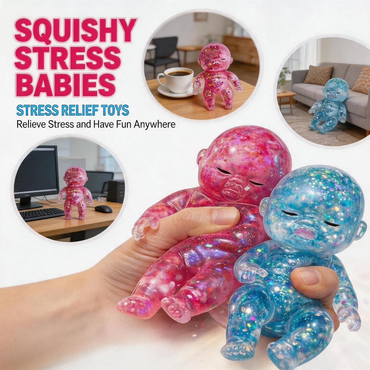 Glitter Doll Squishies Stress Ball, Squishy Babies Sensory Fidget for Stress Relief, Soft Cute Squeeze, Portable Desk Decor & Relaxing Gift for Adults (3-Color Mixing)